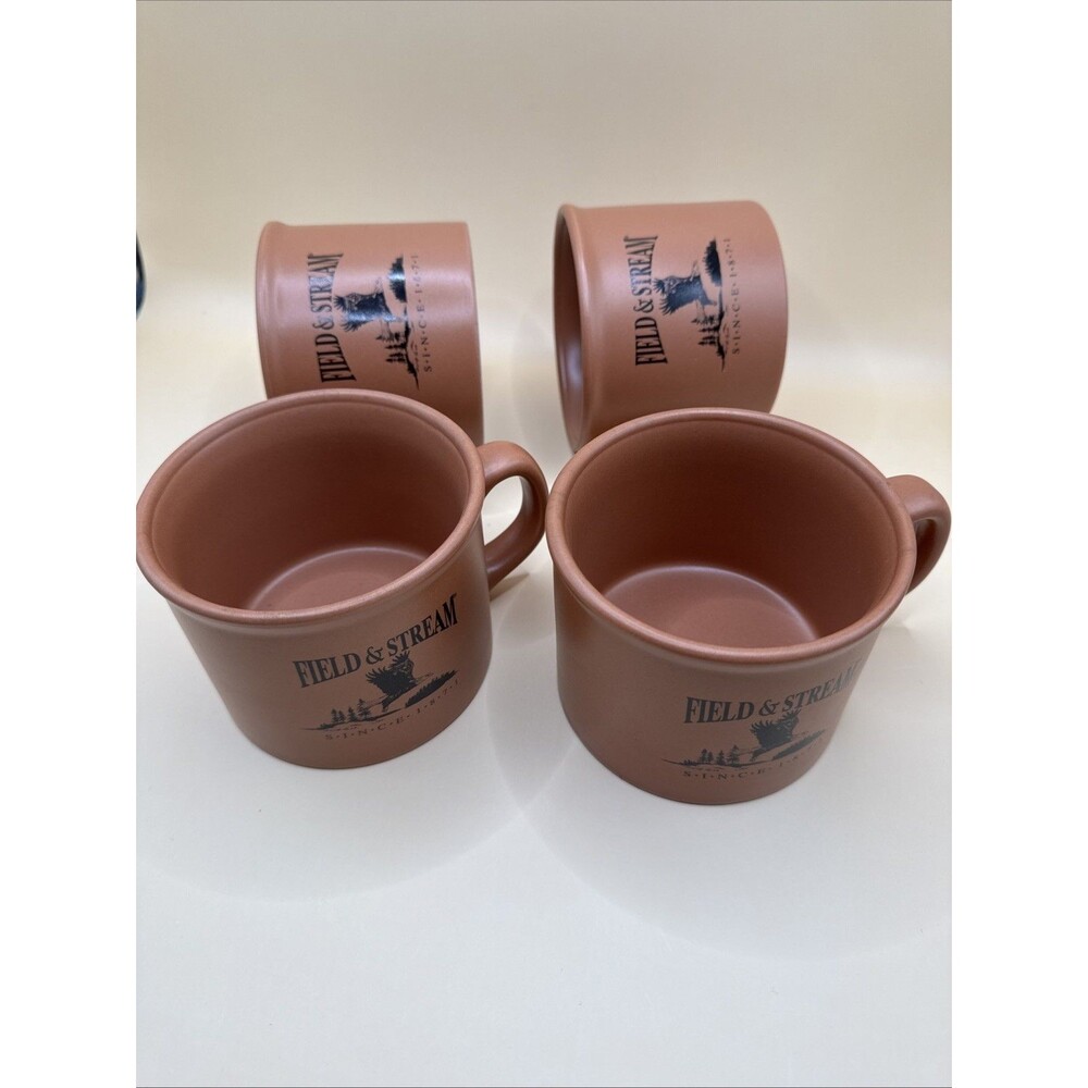 4 Vintage Field & Stream Oversized Mugs Soup/Coffee Stoneware Terracotta Color
